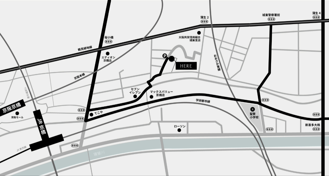 お車で西側(片町橋北詰方面)からお越しの方へのマップ